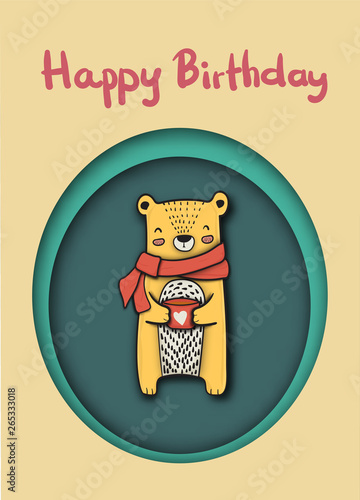 cute happy bear holding coffee cup drawing paper cut happy birthday card