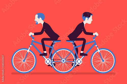 Businessmen riding push me pull you tandem bicycle. Male ambitious managers in disagreement, unable working together moving in different ways. Vector illustration, faceless characters