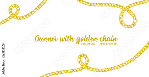 Horizontal web banner with abstract pattern of hand-drawn sketch golden chain isolated on white background
