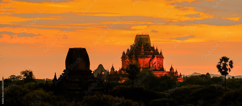Beautiful morning ancient temples and pagoda in the Archaeological Zone, landmark and popular for tourist attractions and destination in Bagan, Myanmar. Asia Travel concept
