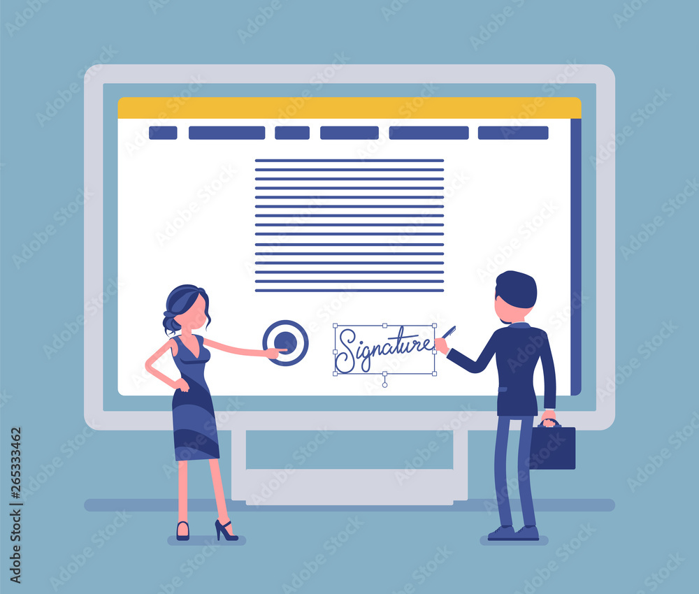 Electronic signature on PC screen. Esignature technology for male and ...
