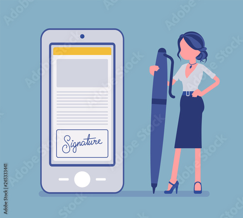 Electronic signature on smartphone, female manager with pen. Business Esignature technology, electronically transmitted document digital form to sign agreement. Vector illustration, faceless character