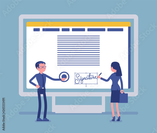 Electronic signature on PC screen. Esignature technology for male and female business partnership sign agreement, safe e-commerce data in electronic form. Vector illustration, faceless characters