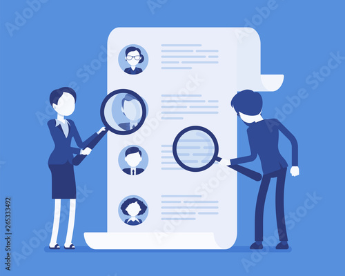 Headhunters searching for employee. Male and female workers of recruiting service with magnifying glass looking for best candidate cv, recruitment agency. Vector illustration, faceless characters