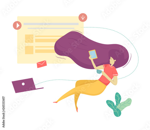 flat vector modern woman character anti gravity social media communication