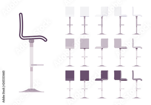 High barstool set. Adjustable dinning chair, stylish cafe and restaurant furniture, kitchen area element. Vector flat style cartoon illustration isolated on white background, different views, colors