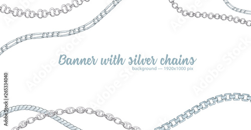 Horizontal web banner with abstract pattern of hand-drawn sketch silver chain isolated on white background