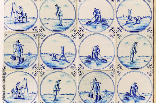 Ceramic wall tiles. Hand painted blue ceramic tiles in Delft with a variety of different scenes