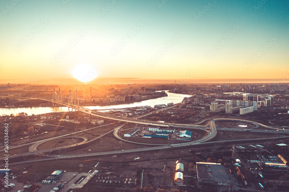 Fototapeta premium Aerial Drone Flight View of freeway busy city rush hour heavy traffic jam highway. 