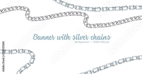 Horizontal web banner with abstract pattern of hand-drawn sketch silver chain isolated on white background