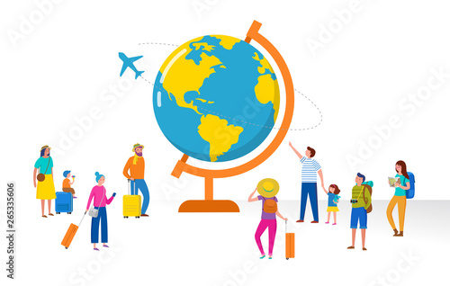 Travel, tourism, adventure scene with globe and miniature people, modern flat style. Vector illustration