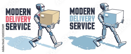 Robot man carries a parcel box. Robotic delivery service. Vector retro illustration.