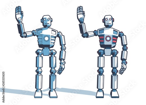 Robot man welcomes waving his hand - retro clipart vector illustration.