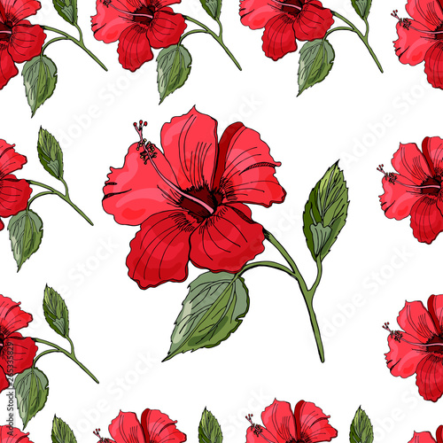 Seamless pattern with hand drawn and colored hibiscus flower. Objects isolated on white background.