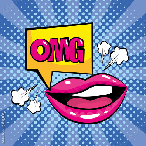 mouth and square with omg pop art message