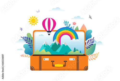 Travel, tourism, adventure scene with open suitcase, leaves, rainbow and miniature people, modern flat style. Vector illustration