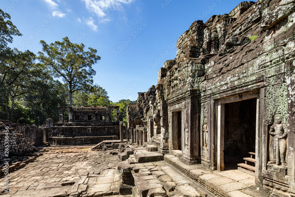 View of the outside wall and doorways at Bayon temple in the Angkor Thom temple complex, Siem Reap, Cambodia