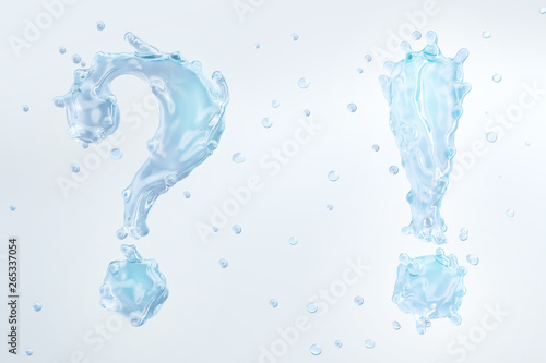 Water splash with water droplets in the form of fluid question and exclamation mark from water alphabet, isolated on light background. Liquid template fluid design element. 3D render