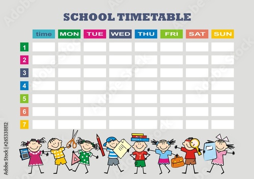 School timetable with little schoolchildren, funny vector illustration