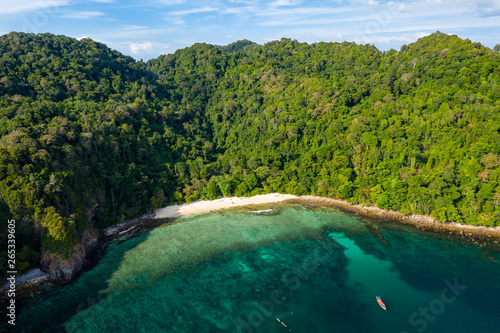 Aerial drone view of a small beach on a lush  green tropical island  Cavern Island 