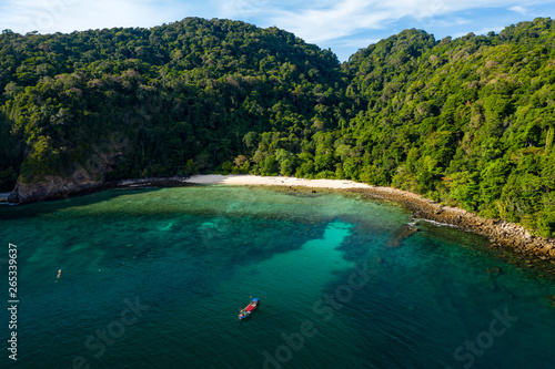 Aerial drone view of a small beach on a lush  green tropical island  Cavern Island 