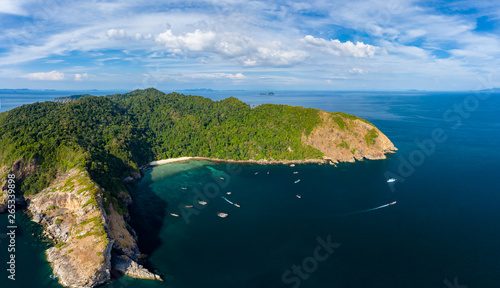 Aerial view of a fleet of fishing boats of a small tropical island in the Mergui Archipelago