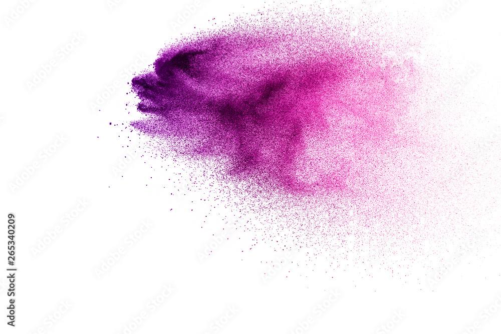 Purple Pink powder explosion on white background.Purple Pink dust splash.