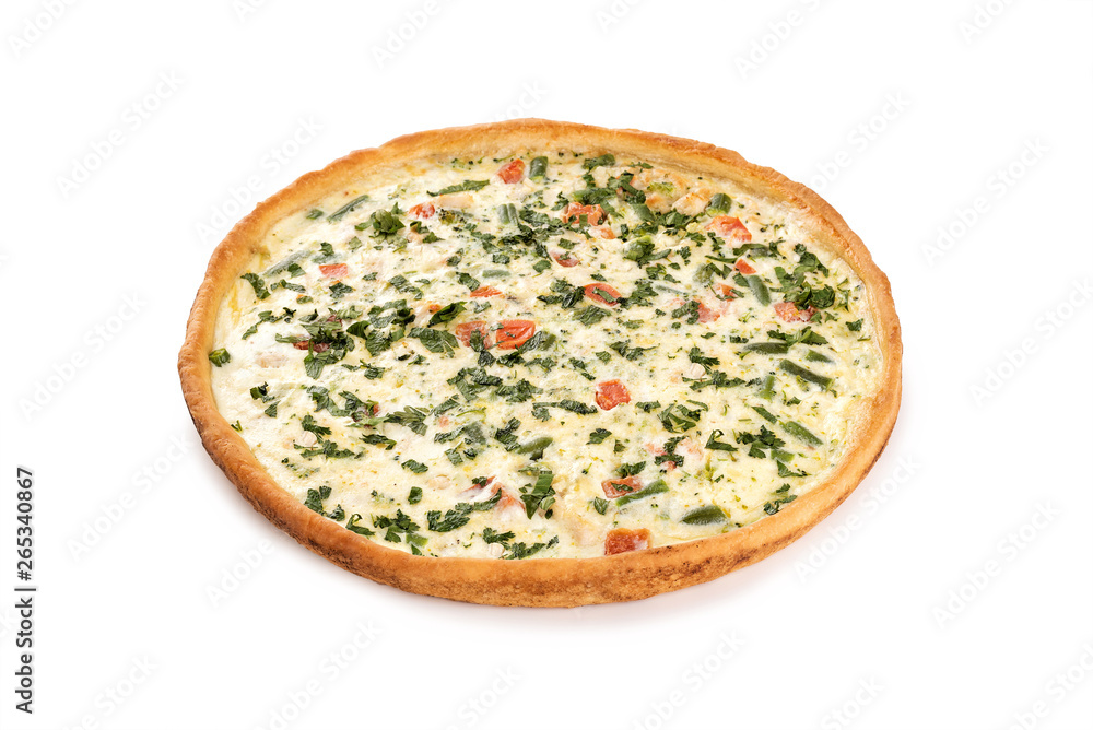 Pie with chicken fillet, green beans, broccoli, tomatoes, mayonnaise, cheese, milk, egg. Pie with chicken fillet, green beans, broccoli, tomatoes, mayonnaise, cheese, milk, egg.