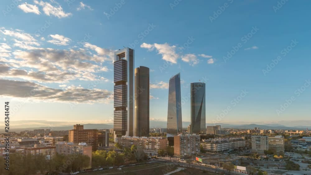 Madrid Spain time lapse 4K, city skyline timelapse at financial district four towers
