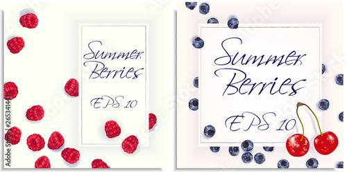 Vector postcard inviting with hand-drawn realistic raspberry, cherry, blaeberry, like paints, juicy colors, appetizing, fresh, tasty, distinct over the light background. Lettering: summer berry