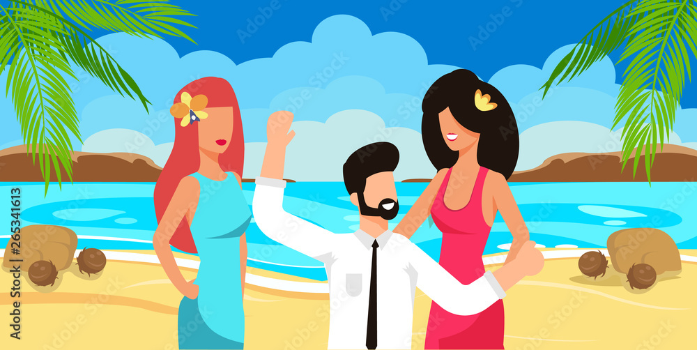 Vector Illustration People on Coast Sea or Ocean.