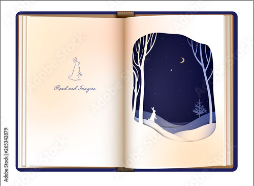 reading and imagination concept, when you read the book you imagine, book story concept, vintage book page looks like night winter forest with rabbit, book design,