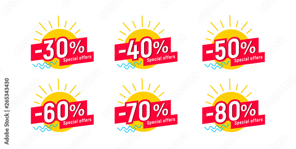 Set of labels for summer sale with sun and waves Set of labels for summer sale with sun and waves
