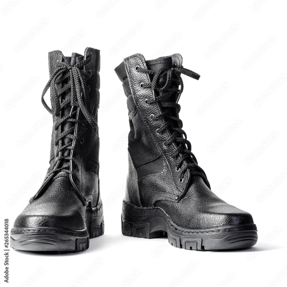 Black high boots. Army laced boots. Isolated on white background