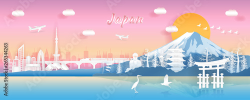 Panorama Travel Postcard, Poster, Banner, Tour Advertising Template. Famous Landmark and Attraction in Japan in Paper Cut Style with Sunset Background in Cityscape and Landscape Vector Illustration