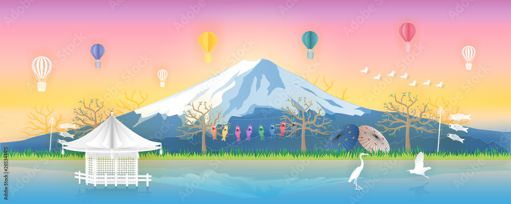 Panorama Postcard, Poster, Banner, Tour Advertising Template with Fuji Mountain View in Sunset Background, KOI Fish, Traditional Pavilion, Umbrella, Balloon in Paper Cut Style Vector Illustration