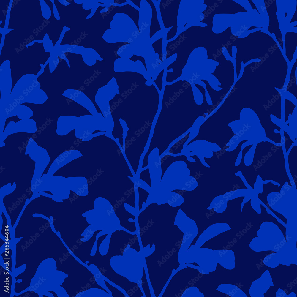 Blue floral background with branch and magnolia flower. Seamless pattern with magnolia tree blossom. Spring design with floral elements. Hand drawn botanical illustration. Blue floral background with branch and magnolia flower. Seamless pattern with magnolia tree blossom. Spring design with floral elements. Hand drawn botanical illustration.