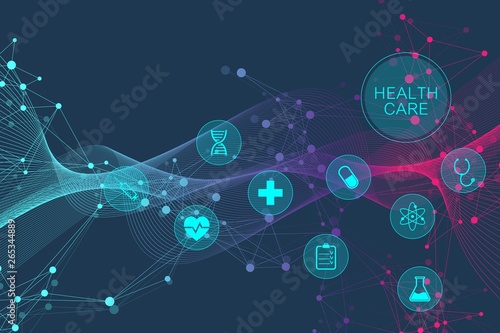 Medical abstract background with health care icons. Medical technology network concept. Connected lines and dots, wave flow, molecules, DNA. Medical background for your design. Vector illustration