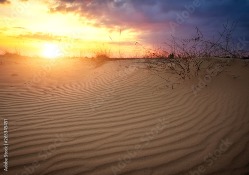 Beautiful Landscape with sunset sky and wavy sand. Composition of nature