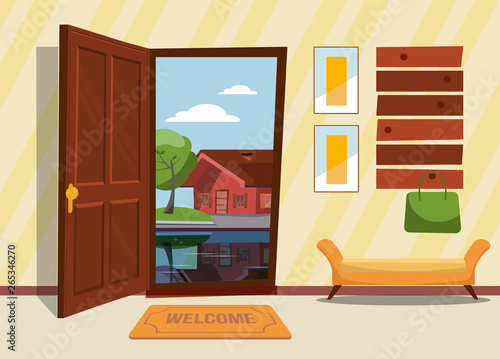 The interior hallway with the open door , a coat rack with lady bag. Green trees and country house reflecting in the lake outside. Sunny summer weather. Flat cartoon style vector illustration.