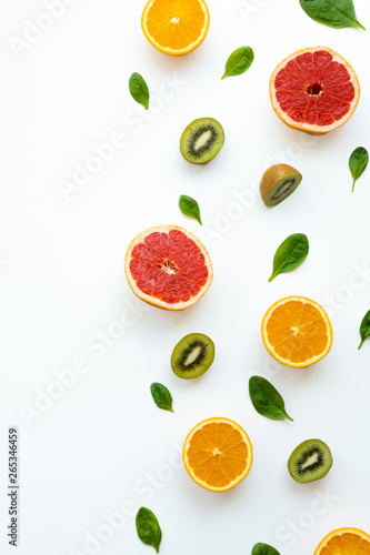 Different fruits on white background. Healthy and fresh concept. Place for your text