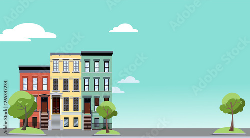 Summer in the city. Horizontal background with colorful cityscape with cozy green trees near two-storied houses. Banner with free space for text. Flat cartoon style vector illustration.