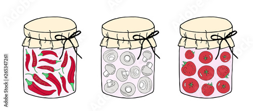Set of colored hand drawn vector illustration. Set of pickle jars with vegetables. Set with tinned vegetables.