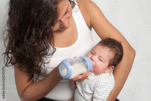 Portrait baby drinking milk of her bottle photo