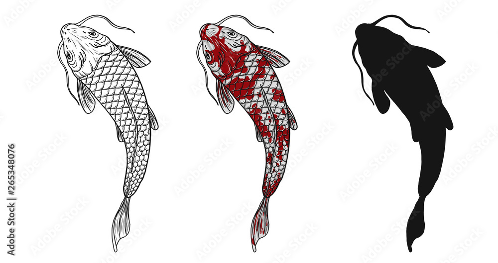 custom made wallpaper toronto digitalKoi fish vector tattoo by hand drawing.Beautiful fish on white background.Black and white graphics design art highly detailed in line art style.Carp fish for tattoo or wallpaper.