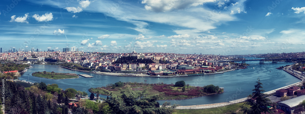 Panoramic view of Istanbul from Pierre Loti Hill (Tepesi). Beautiful day time cityscape with Golden Horn bay, buildings and blue sky with clouds, Turkey. Travel background for wallpaper or guide book