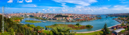 Panoramic view of Istanbul from Pierre Loti Hill (Tepesi). Beautiful day time cityscape with Golden Horn bay, buildings and blue sky with clouds, Turkey. Travel background for wallpaper or guide book © larauhryn