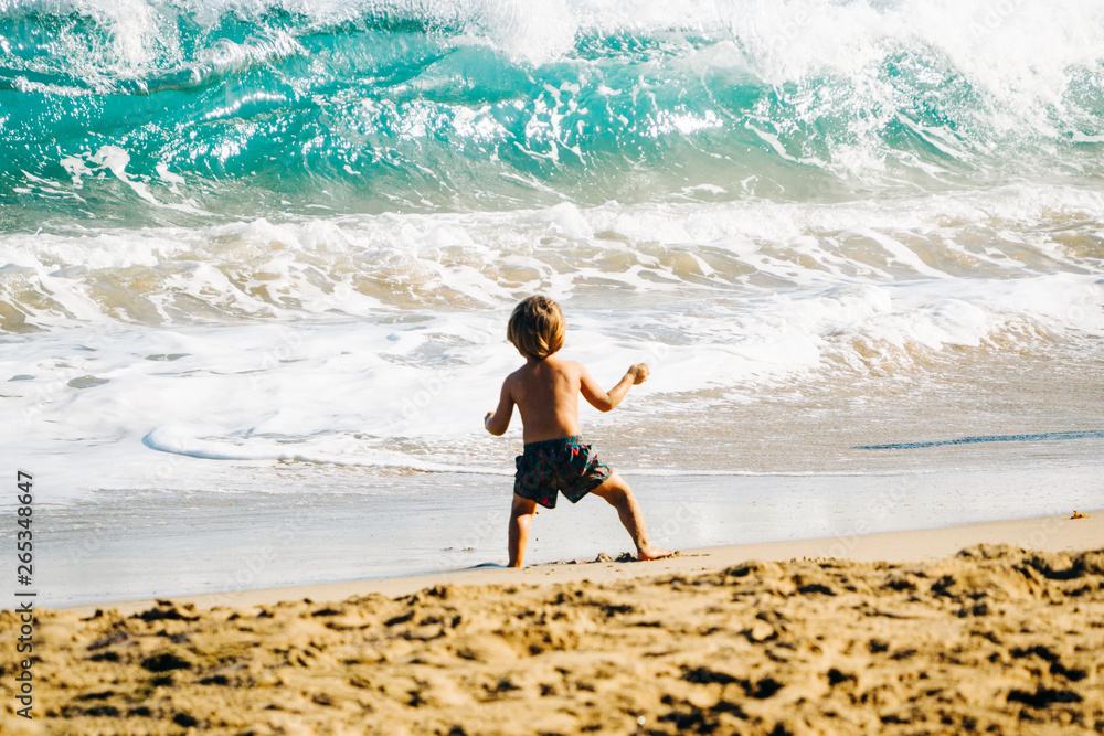 a little boy wearing shorts by the ocean looks excited at a big wave. soft focus. a little boy wearing shorts by the ocean looks excited at a big wave. soft focus.