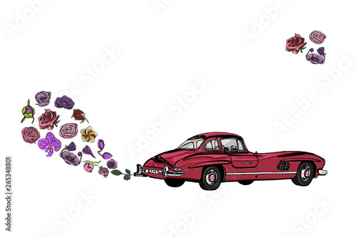 Retro car with smoke of flowers going from exhaust pipe. Vintage transport, hand drawn line art. Concept - ecology friendly. 