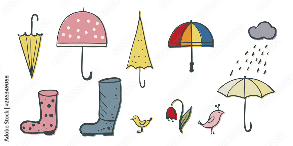 cartoon umbrellas and boots, rain and spring birds